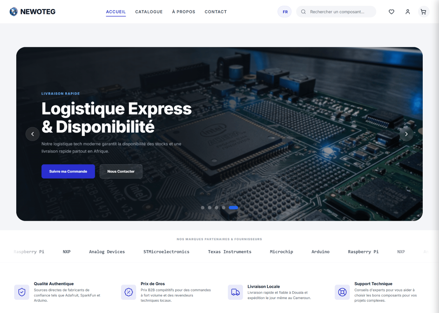 Boutique en ligne NEWOTEG — e-commerce de composants électroniques au Cameroun, créé par Krexora